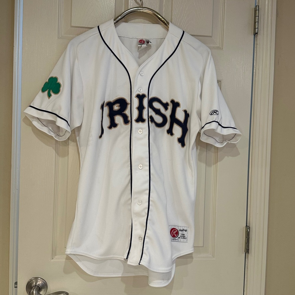 Vintage Rawlings Notre Dame Irish Baseball Jersey White Navy Mens Large L